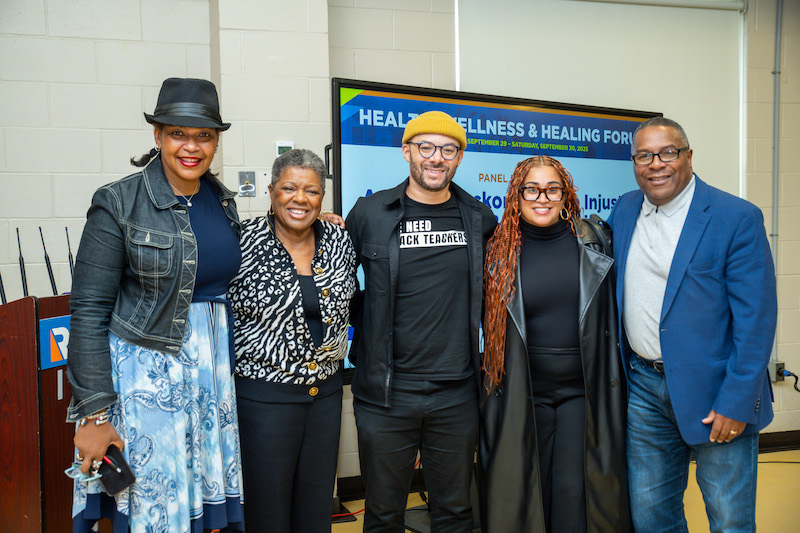 Brandy Cruthird, Jackie Jenkins-Scott, Devin Morris, Ivanna Solana, and Robert Lewis, Jr. following a morning of engaging panel discussions at the Reggie Lewis Center 