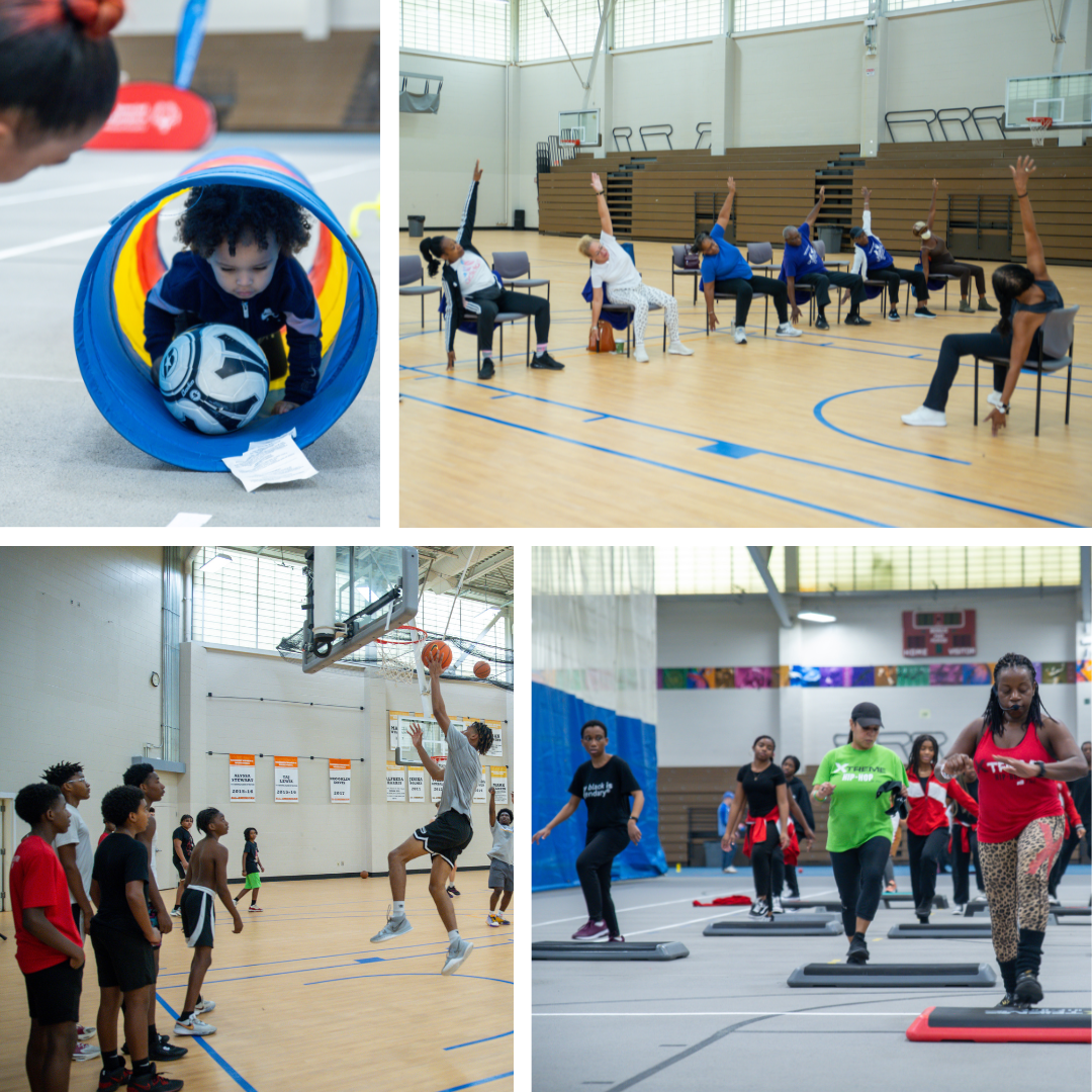 health and wellness collage with images of the Roxbury community working out, playing basketball, and playing in the reggie lewis center