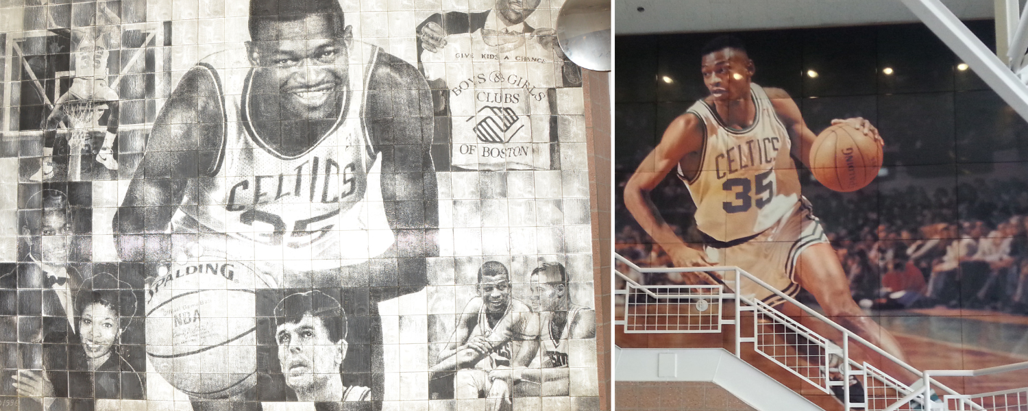 reggie lewis collage with the reggie lewis track and athletic center, and two murals of reggie inside the center